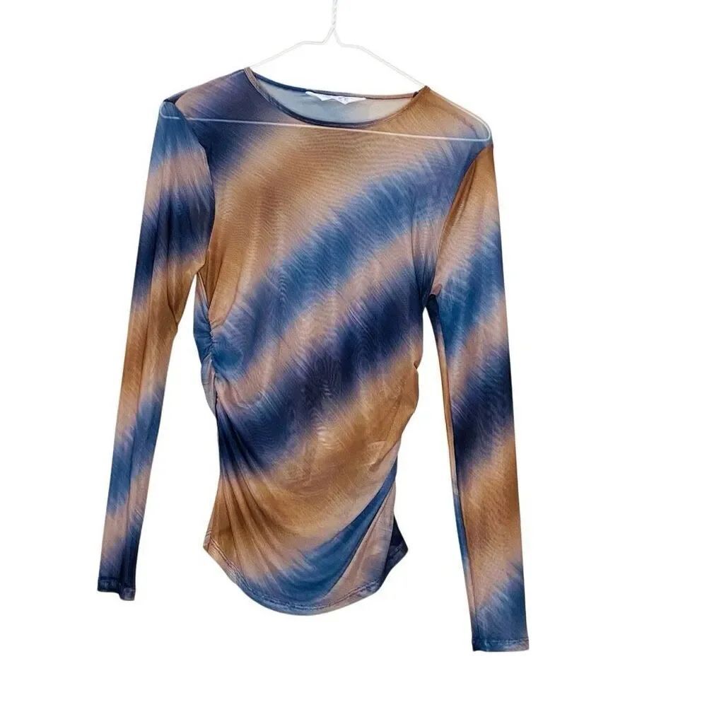 Primark Cares Crew Neck Ruched Stretch Long Sleeve Blue Brown Blouse Small